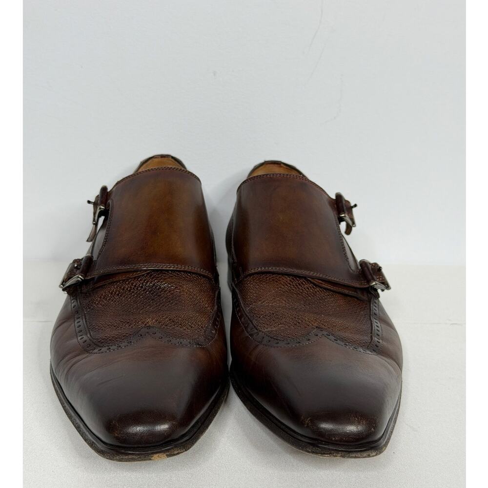 Magnanni Men's Tabaco Leather Wingtip Double Buckle Monk Strap Shoes / Size-11
